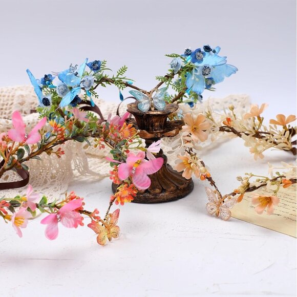 Handmade Fairy Butterfly Crown Flower Headband for Women Girls Spring Wedding main image 5